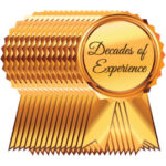 A graphic with ribbons saying Decades of Experience
